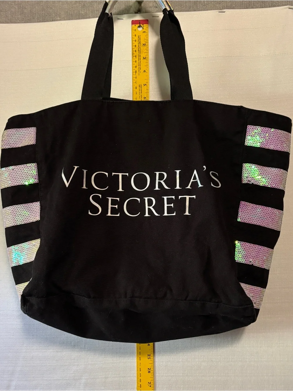 Victoria's Secret Black Canvas Tote Bag with Iridescent Sequin Stripes